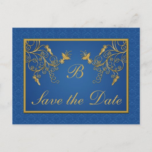 Save the Date Karte für Blau- und GoldfloralDamask (Vorderseite)