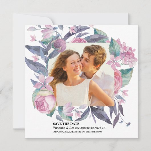 Save the Date-Karte für lila rosa Foto Save The Date (Vorderseite)