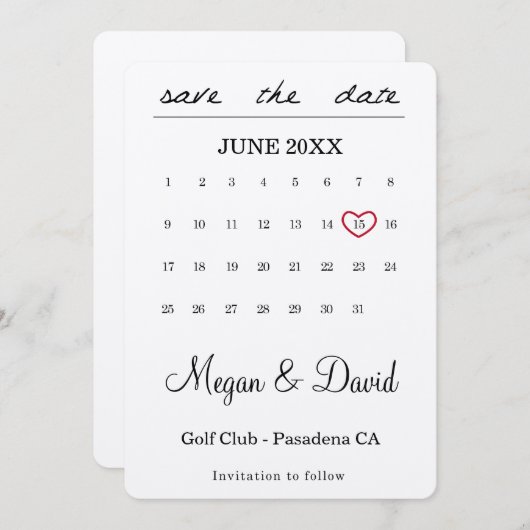 Save the Date Karte - Herzdatum - Kalender (Vorne/Hinten)