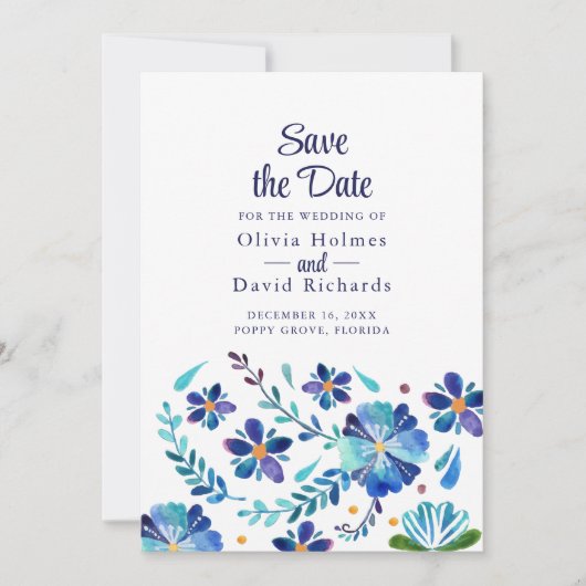 Save the Date Karte mit blauen und weißen Fiesta-F (Vorderseite)