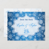 Save the Date Karte mit blauen und weißen Schneefl (Vorne/Hinten)