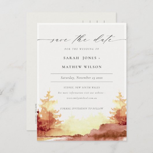 Save the Date Karte mit orangefarbenen Gelbfallbäu (Vorne/Hinten)