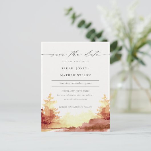 Save the Date Karte mit orangefarbenen Gelbfallbäu (Stehend Vorderseite)