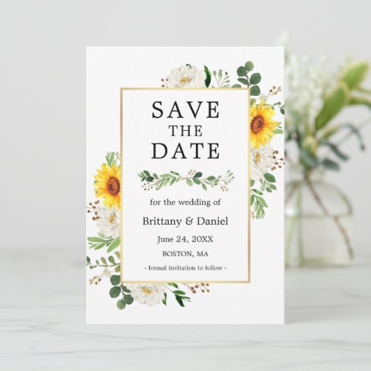 Save the Date Karte Sonnenblumen Weißes Blumengrün (Stehend Vorderseite)