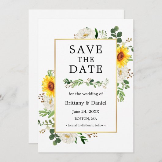 Save the Date Karte Sonnenblumen Weißes Blumengrün (Vorne/Hinten)