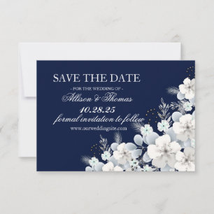 Save-the-Date-Karte weiße Blume Sakura marineblau Save The Date