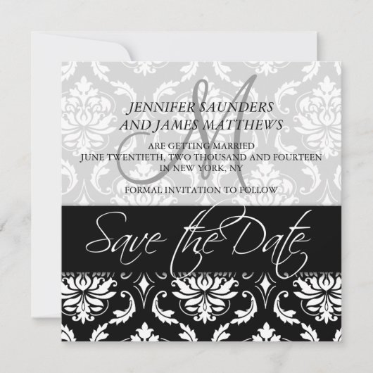 Save-the-Date-Karten Schwarzer Damast Monogramm Na Save The Date (Vorderseite)