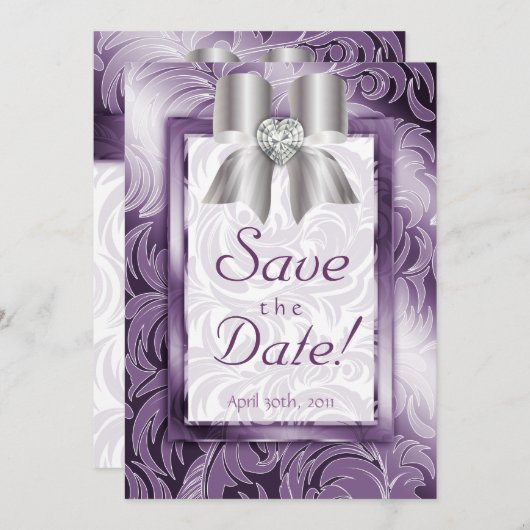 Save the Date Kartenleaf Lila Silberbow (Vorne/Hinten)