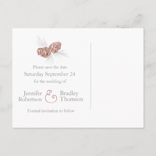 Save the Date Kiefernholzkarte Ankündigungspostkarte (Rückseite)