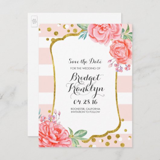 Save the Date Konfetti-Streifen aus Gold und Rosa Ankündigungspostkarte (Vorne/Hinten)