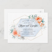 Save the Date Korallen Dusty Blue Floral Ankündigungspostkarte (Vorne/Hinten)