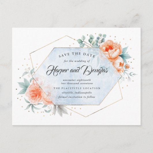 Save the Date Korallen Dusty Blue Floral Ankündigungspostkarte (Vorderseite)