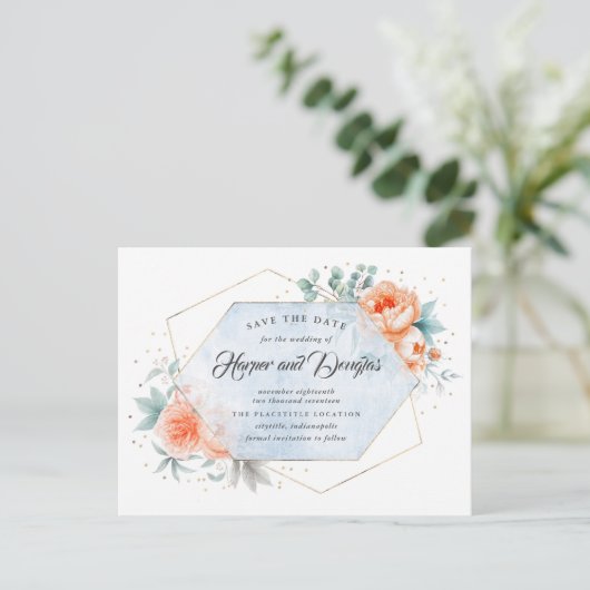 Save the Date Korallen Dusty Blue Floral Ankündigungspostkarte (Stehend Vorderseite)