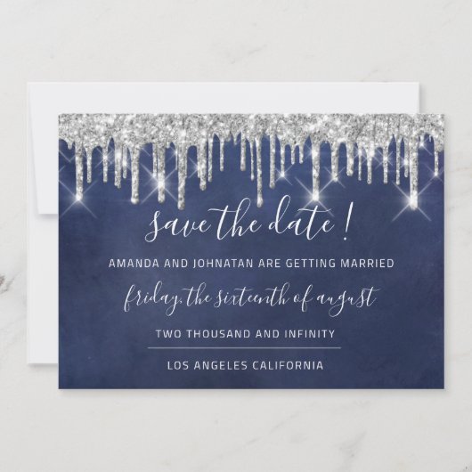 Save the Date Kraft Silver Gray Tropfen Blue Navy (Vorderseite)