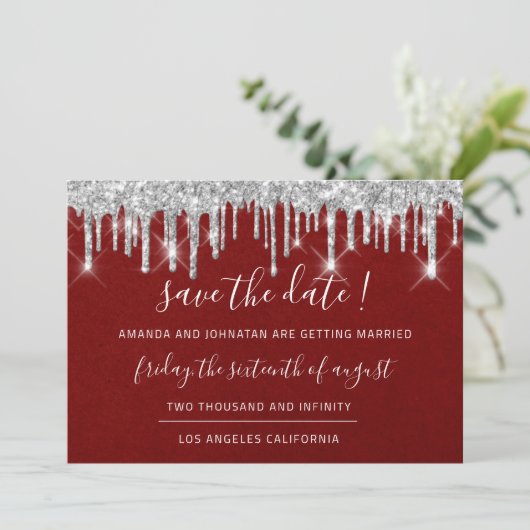 Save the Date Kraft Silver Gray Tropfen Roter Wein (Stehend Vorderseite)