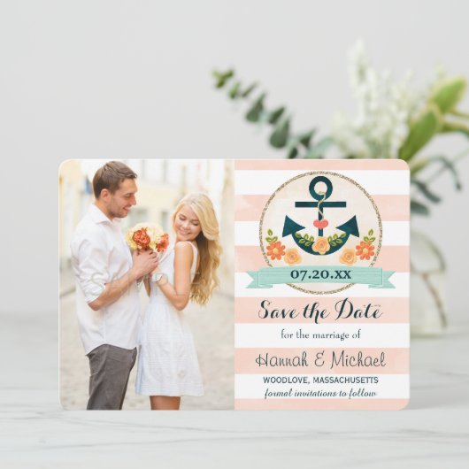 SAVE THE DATE KRAFT- UND NAVITBLAUE NAUTISCHER ANK (Stehend Vorderseite)