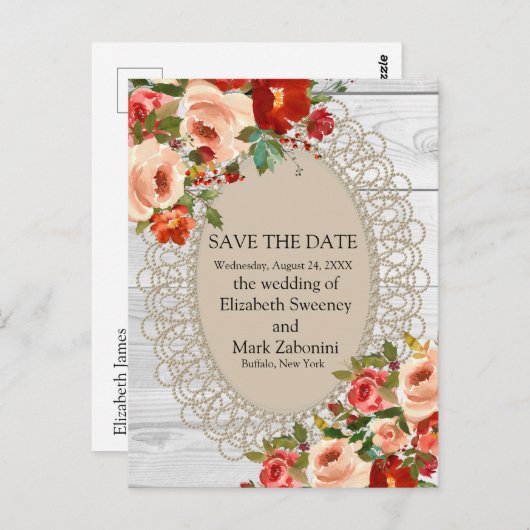 Save the Date Land Rustikales Weißholz Postkarte (Vorne/Hinten)