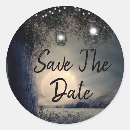 Save the Date Lanterns in Tree Full Wedding Runder Aufkleber (Vorderseite)