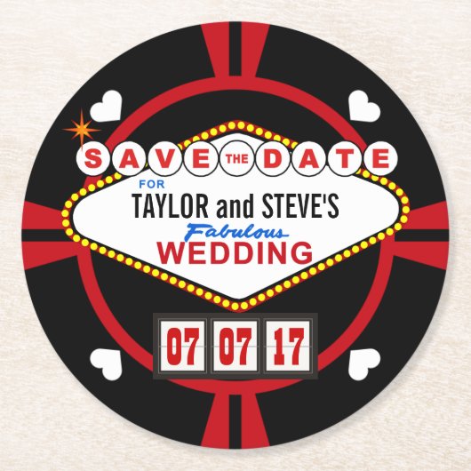 Save the Date Las Vegas Wedding Poker Chip Runder Pappuntersetzer (Vorderseite)