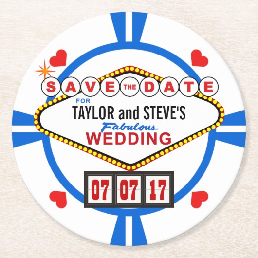 Save the Date Las Vegas Wedding Poker Chip Runder Pappuntersetzer (Vorderseite)