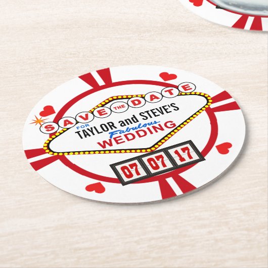 Save the Date Las Vegas Wedding Poker Chip Runder Pappuntersetzer (Angewinkelt)