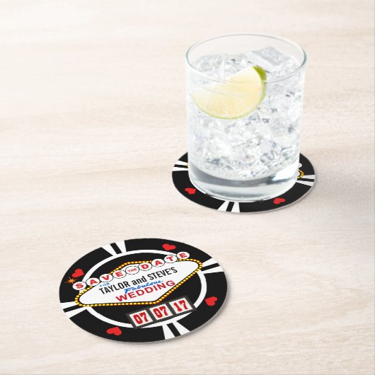 Save the Date Las- Vegashochzeits-Poker-Chip Runder Pappuntersetzer (Vor Ort)