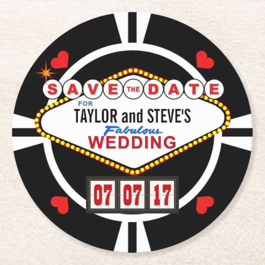 Save the Date Las- Vegashochzeits-Poker-Chip Runder Pappuntersetzer (Vorderseite)