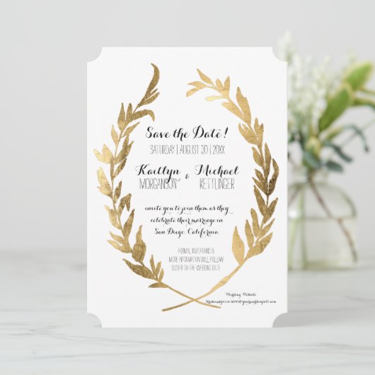 Save the Date Laurel Wreath Olive Leaf Imitats Gol (Stehend Vorderseite)