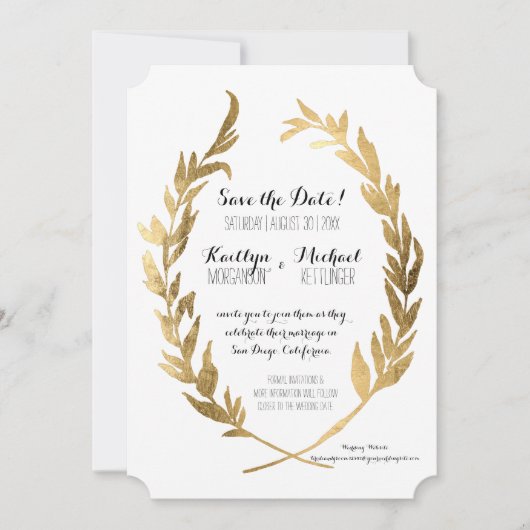 Save the Date Laurel Wreath Olive Leaf Imitats Gol (Vorderseite)