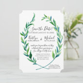 Save the Date Laurel Wreath Olive Leaf Zweigstelle (Stehend Vorderseite)