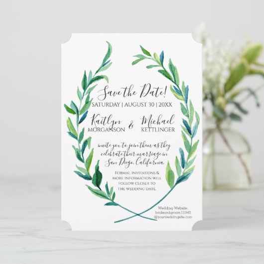 Save the Date Laurel Wreath Olive Leaf Zweigstelle (Stehend Vorderseite)