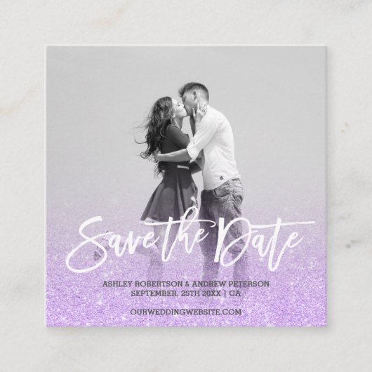Save the Date Lavendel-Glitter-Foto des Imitats Quadratische Visitenkarte (Vorderseite)