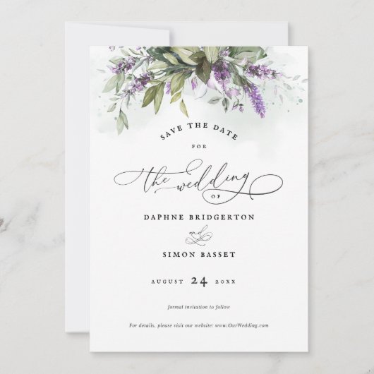 Save the Date Lavender Greenerity Script Wedding Einladung (Vorderseite)