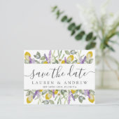Save the Date Lemons & Lavender Wedding Postkarte (Stehend Vorderseite)