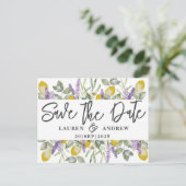 Save the Date Lemons & Lavender Wedding Postkarte (Stehend Vorderseite)