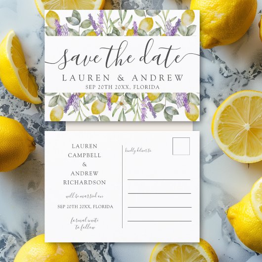 Save the Date Lemons & Lavender Wedding Postkarte