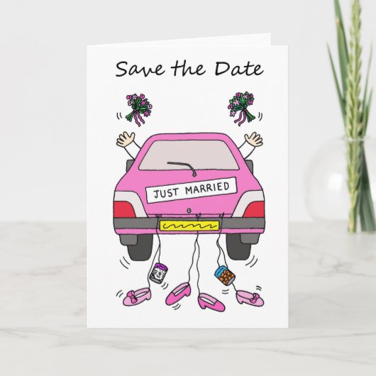 Save the Date Lesbian Wedding Cartoon Car Ankündigung (Vorderseite)