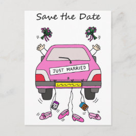 Save the Date Lesbian Wedding Cartoon Car Ankündigungspostkarte
