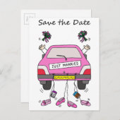 Save the Date Lesbian Wedding Cartoon Car Ankündigungspostkarte (Vorne/Hinten)