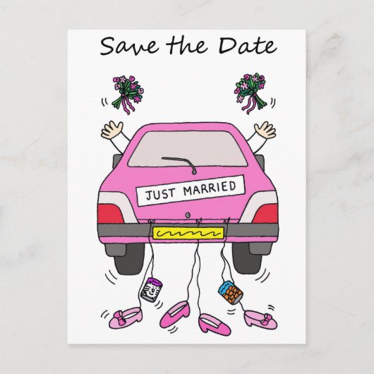 Save the Date Lesbian Wedding Cartoon Car Ankündigungspostkarte (Vorderseite)