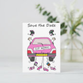 Save the Date Lesbian Wedding Cartoon Car Ankündigungspostkarte (Stehend Vorderseite)