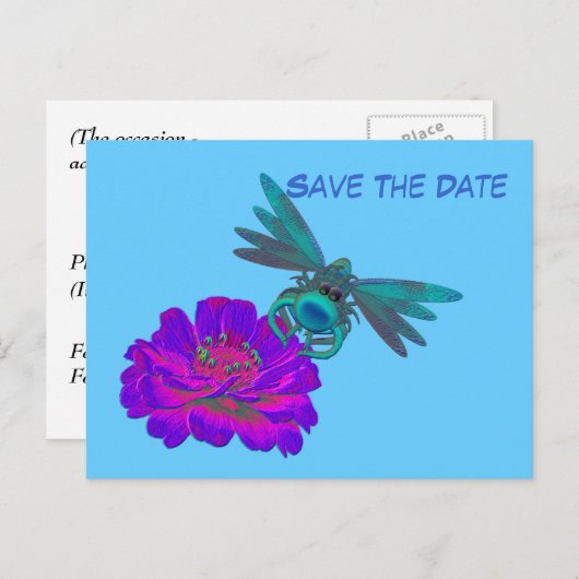 Save the Date Libelle On Blumen Postkarte (Vorne/Hinten)
