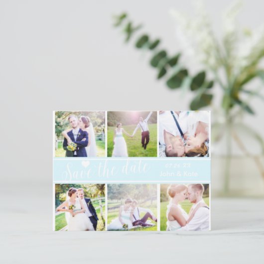 SAVE THE DATE Light Blue Wedding 6 FOTO Postcard Ankündigungspostkarte (Stehend Vorderseite)