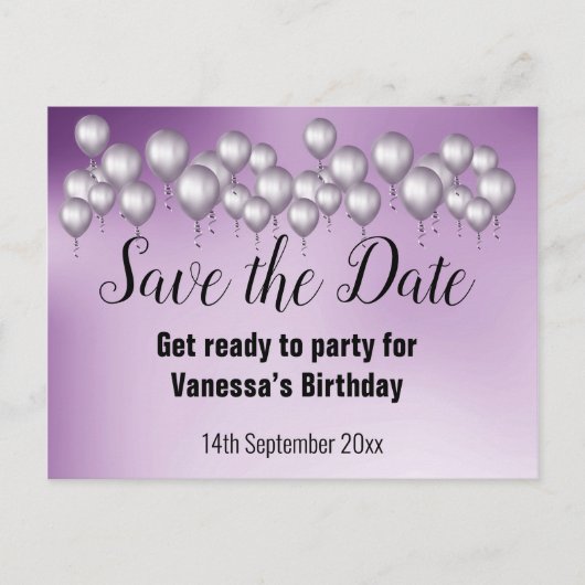 Save the Date Lila Ballons Ankündigungspostkarte (Vorderseite)