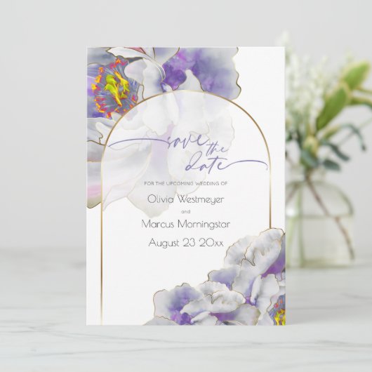 Save the Date Lila Exotic Floral Einladung (Stehend Vorderseite)