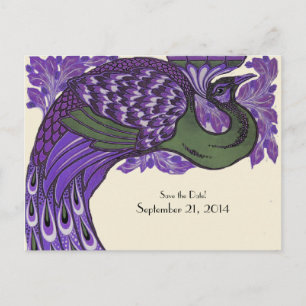 Save the Date lila grüner Vintager Pfau Ankündigungspostkarte