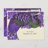 Save the Date lila grüner Vintager Pfau Ankündigungspostkarte (Vorne/Hinten)