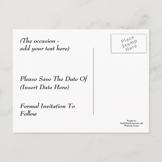 Save the Date Lila Iris Blume Foto Postkarte (Rückseite)