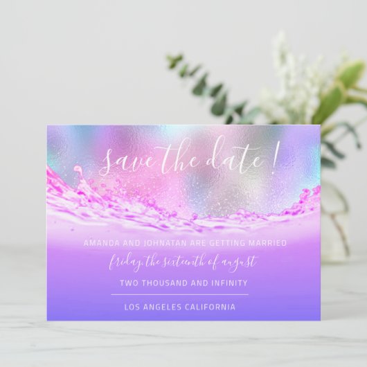 Save the Date Lila Pastelle im tropischen Ozean (Stehend Vorderseite)