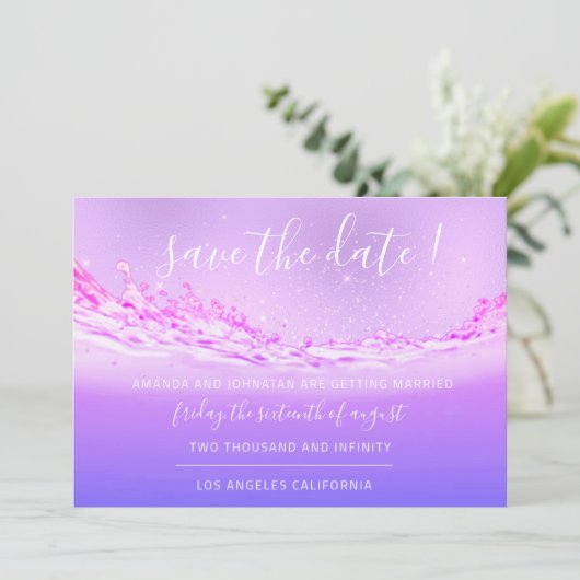 Save the Date Lila rosa tropischer Ozean (Stehend Vorderseite)